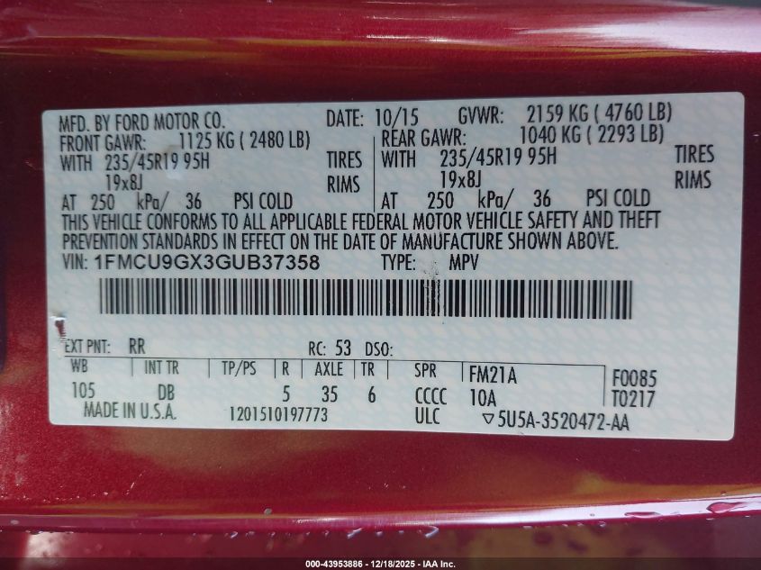 2016 Ford Escape Se VIN: 1FMCU9GX3GUB37358 Lot: 43953886