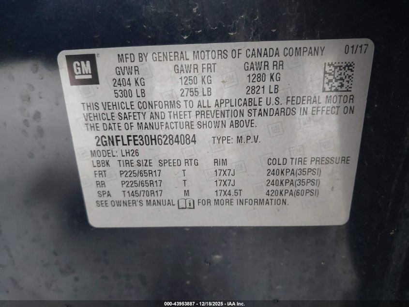 2017 Chevrolet Equinox Lt VIN: 2GNFLFE30H6284084 Lot: 43953887