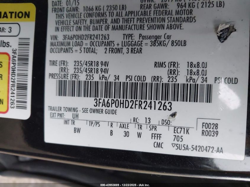 2015 Ford Fusion Se VIN: 3FA6P0HD2FR241263 Lot: 43953889