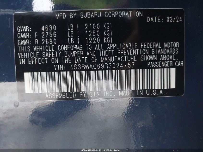 2024 Subaru Legacy Premium VIN: 4S3BWAC69R3024757 Lot: 43953894