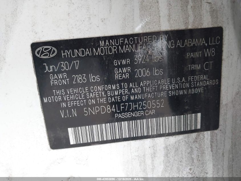 2018 Hyundai Elantra Sel VIN: 5NPD84LF7JH250552 Lot: 43953896