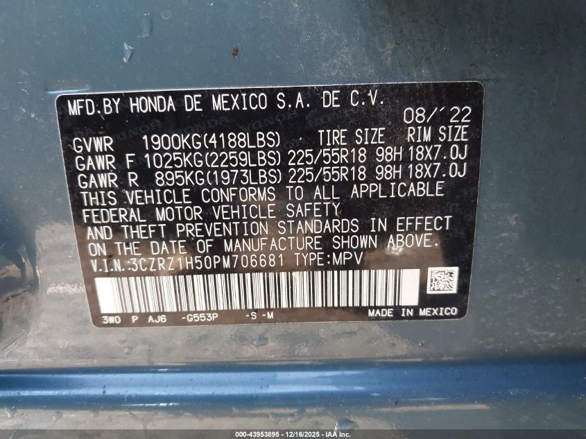 2023 Honda Hr-V 2Wd Sport VIN: 3CZRZ1H50PM706681 Lot: 43953895