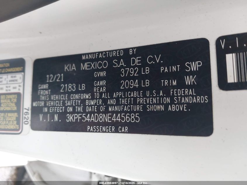 2022 Kia Forte Gt-Line VIN: 3KPF54AD8NE445685 Lot: 43953897