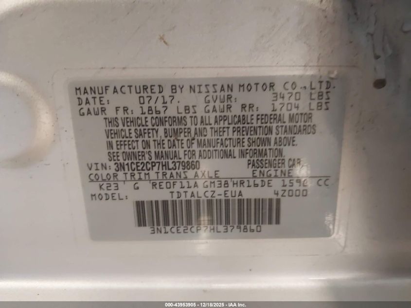 2017 Nissan Versa Note S Plus VIN: 3N1CE2CP7HL379860 Lot: 43953905