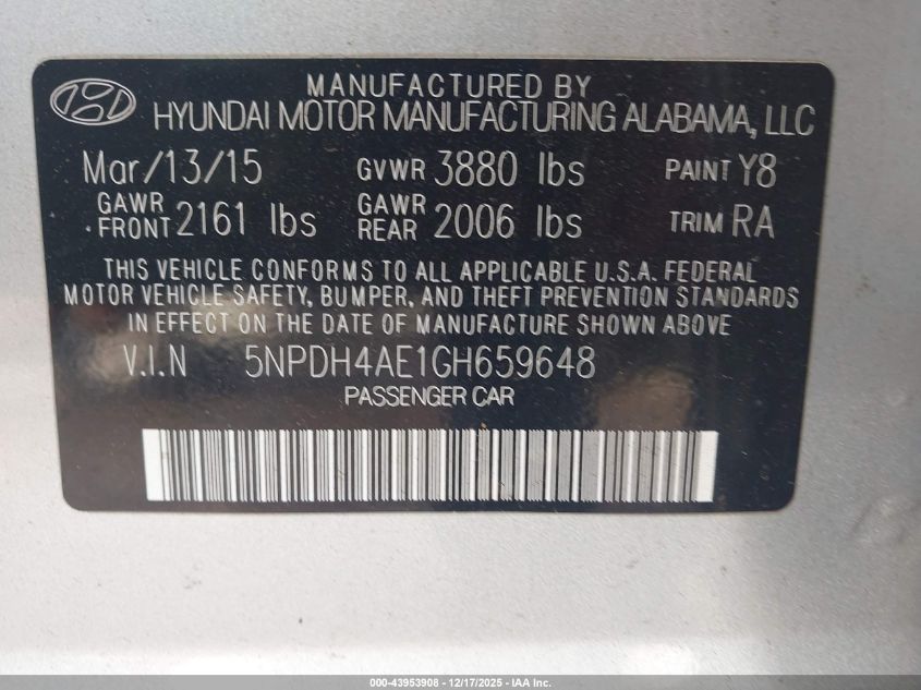 2016 Hyundai Elantra Se VIN: 5NPDH4AE1GH659648 Lot: 43953908