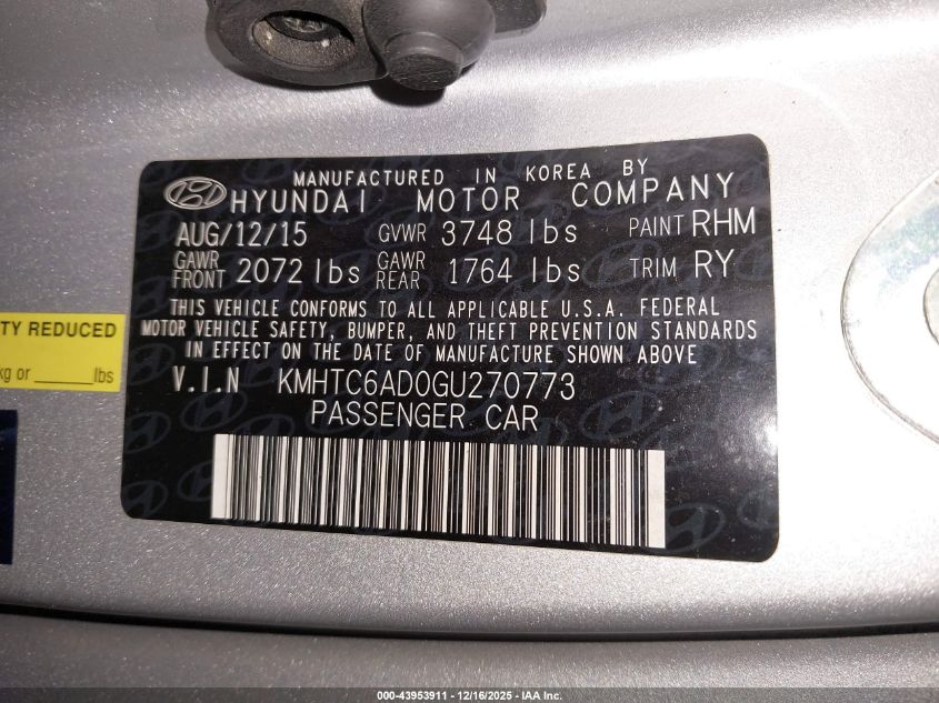 2016 Hyundai Veloster VIN: KMHTC6AD0GU270773 Lot: 43953911