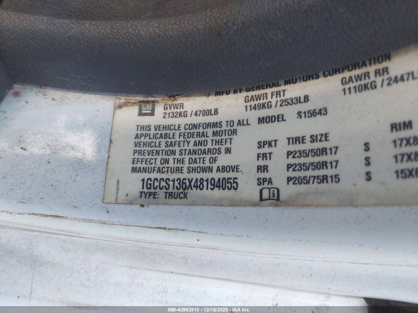 2004 Chevrolet Colorado Ls VIN: 1GCCS136X48194055 Lot: 43953910