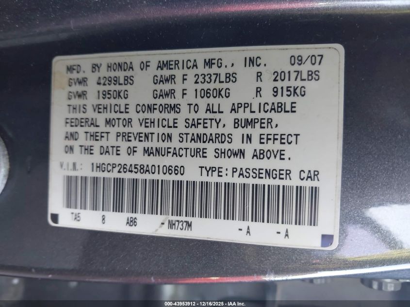 2008 Honda Accord 2.4 Lx-P VIN: 1HGCP26458A010660 Lot: 43953912