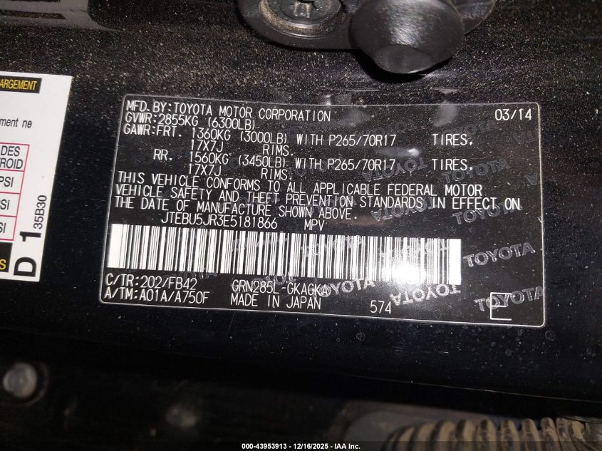 2014 Toyota 4Runner Sr5 VIN: JTEBU5JR3E5181866 Lot: 43953913