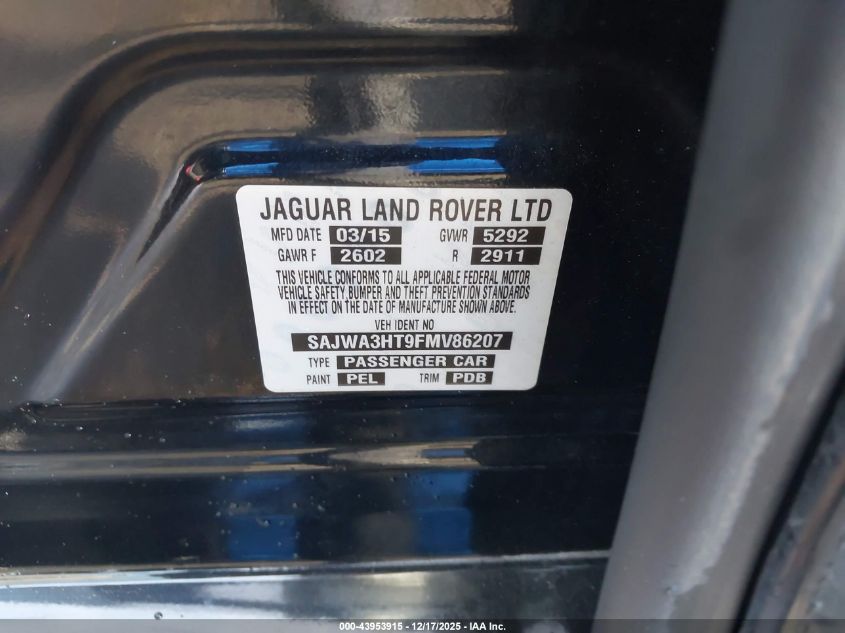 2015 Jaguar Xj Supercharged VIN: SAJWA3HT9FMV86207 Lot: 43953915