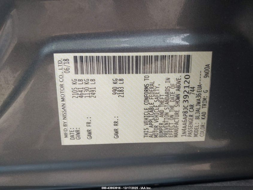 2018 Nissan Maxima 3.5 Sv VIN: 1N4AA6AP8JC392120 Lot: 43953916