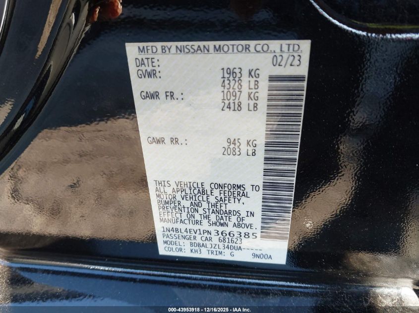 2023 Nissan Altima Sl Fwd VIN: 1N4BL4EV1PN366385 Lot: 43953918