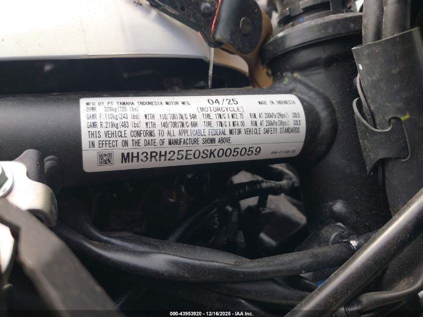 2025 Yamaha Yfz320 A VIN: MH3RH25E0SK005059 Lot: 43953920