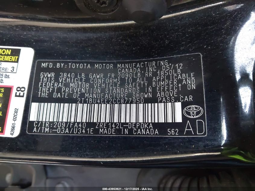 2012 Toyota Corolla L VIN: 2T1BU4EE2CC877950 Lot: 43953921