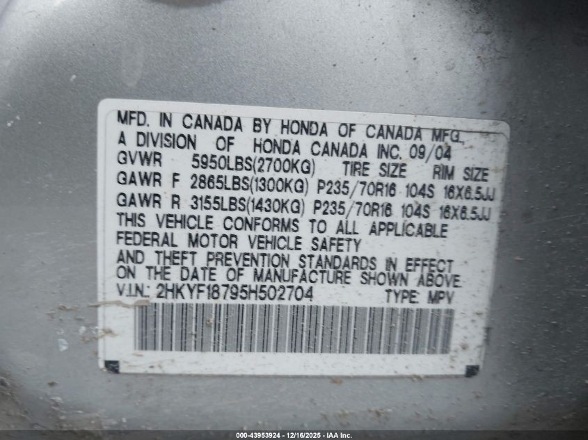 2005 Honda Pilot Ex-L VIN: 2HKYF18795H502704 Lot: 43953924