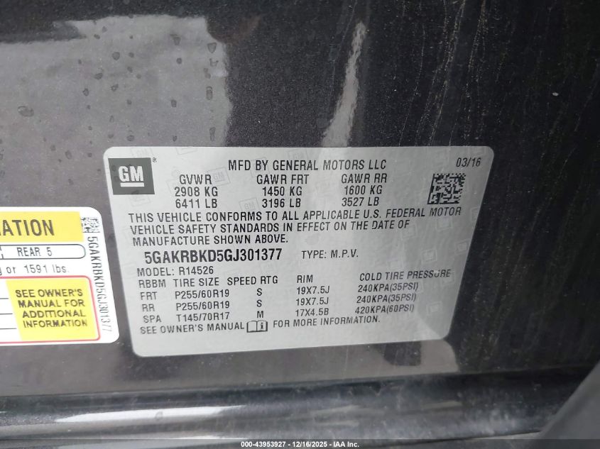 2016 Buick Enclave Leather VIN: 5GAKRBKD5GJ301377 Lot: 43953927