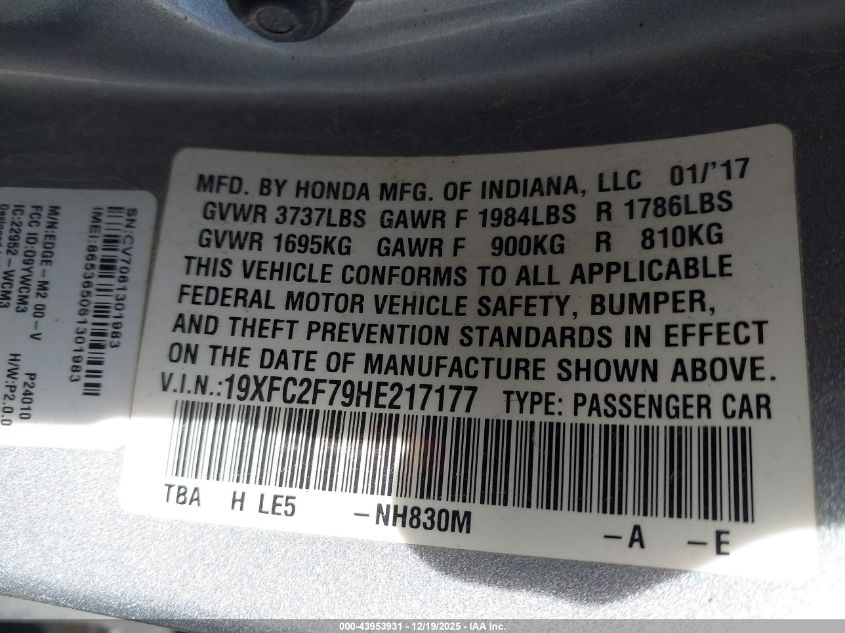 2017 Honda Civic Ex VIN: 19XFC2F79HE217177 Lot: 43953931
