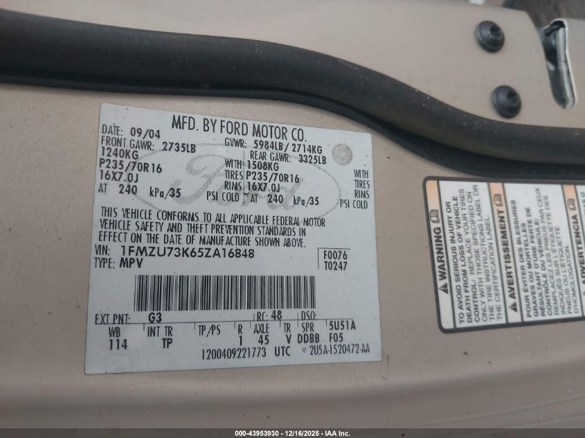 2005 Ford Explorer Xlt/Xlt Sport VIN: 1FMZU73K65ZA16848 Lot: 43953930