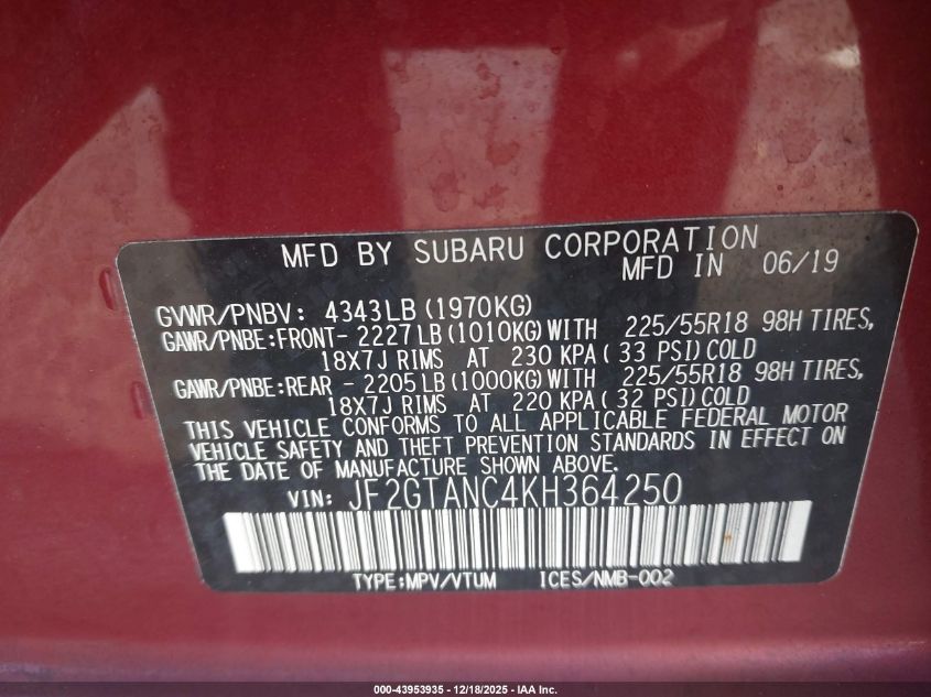 2019 Subaru Crosstrek 2.0I Limited VIN: JF2GTANC4KH364250 Lot: 43953935