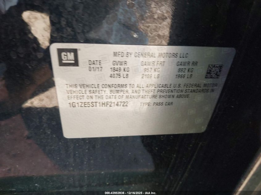 2017 Chevrolet Malibu 1Lt VIN: 1G1ZE5ST1HF214722 Lot: 43953936