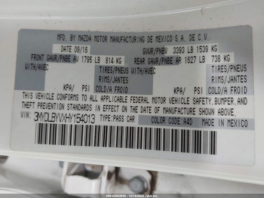 2017 Toyota Yaris Ia VIN: 3MYDLBYVXHY154013 Lot: 43953938