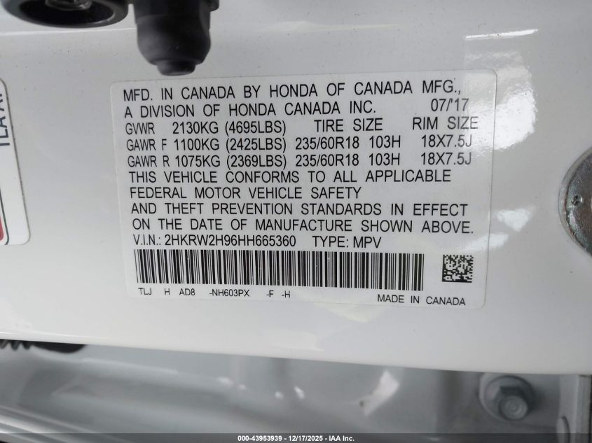 2017 Honda Cr-V Touring VIN: 2HKRW2H96HH665360 Lot: 43953939