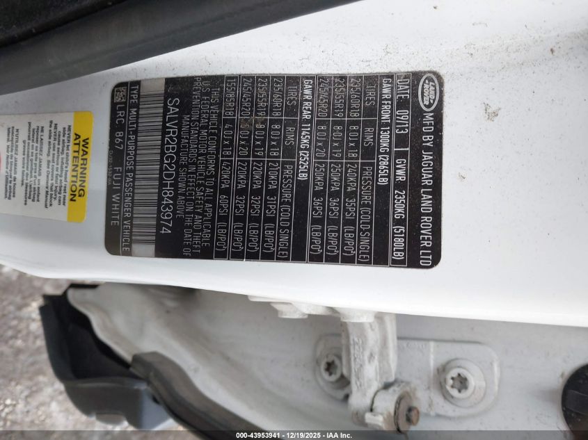 2013 Land Rover Range Rover Evoque Pure VIN: SALVR2BG2DH843974 Lot: 43953941