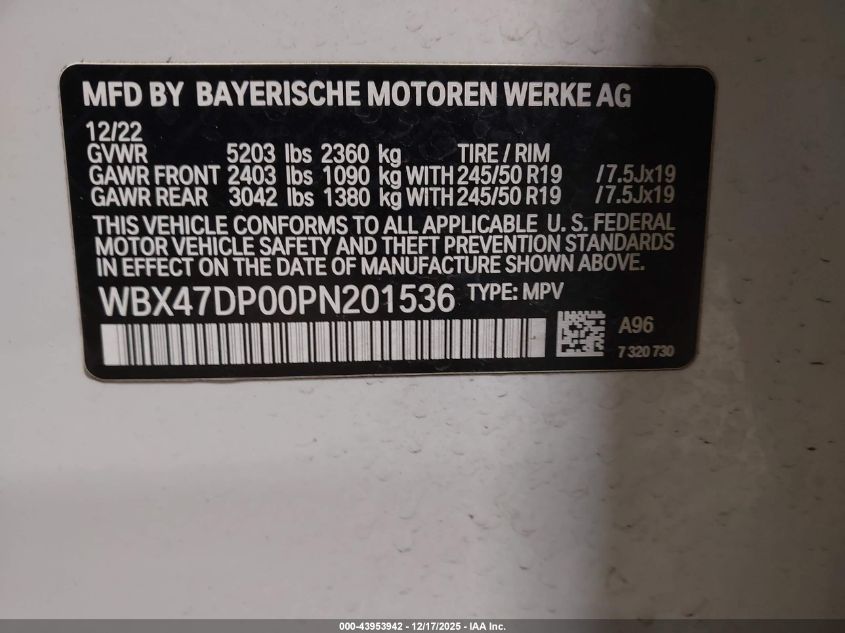 2023 BMW X3 Sdrive30I VIN: WBX47DP00PN201536 Lot: 43953942