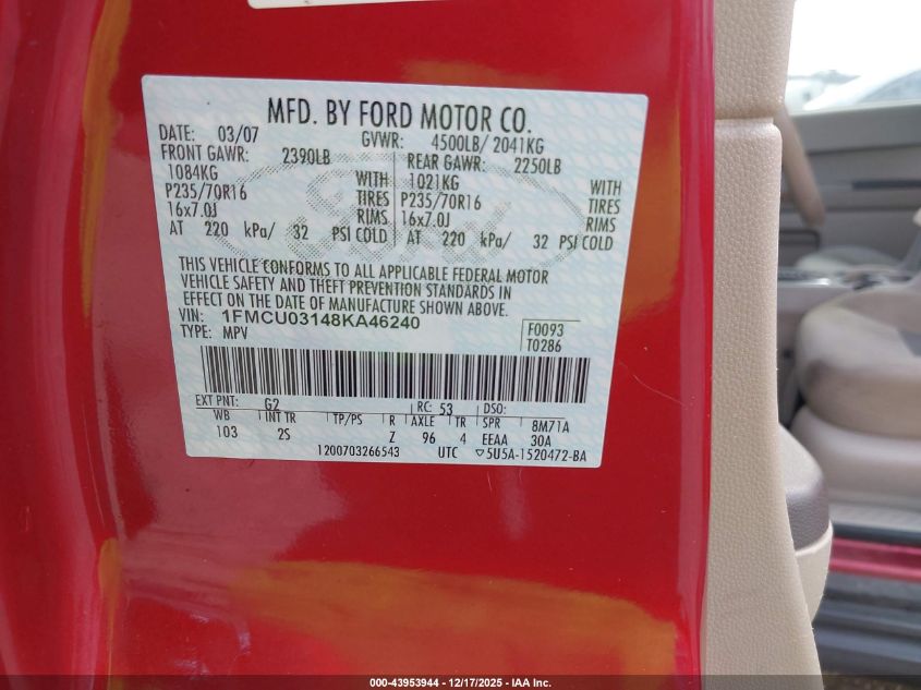 2008 Ford Escape Xlt VIN: 1FMCU03148KA46240 Lot: 43953944