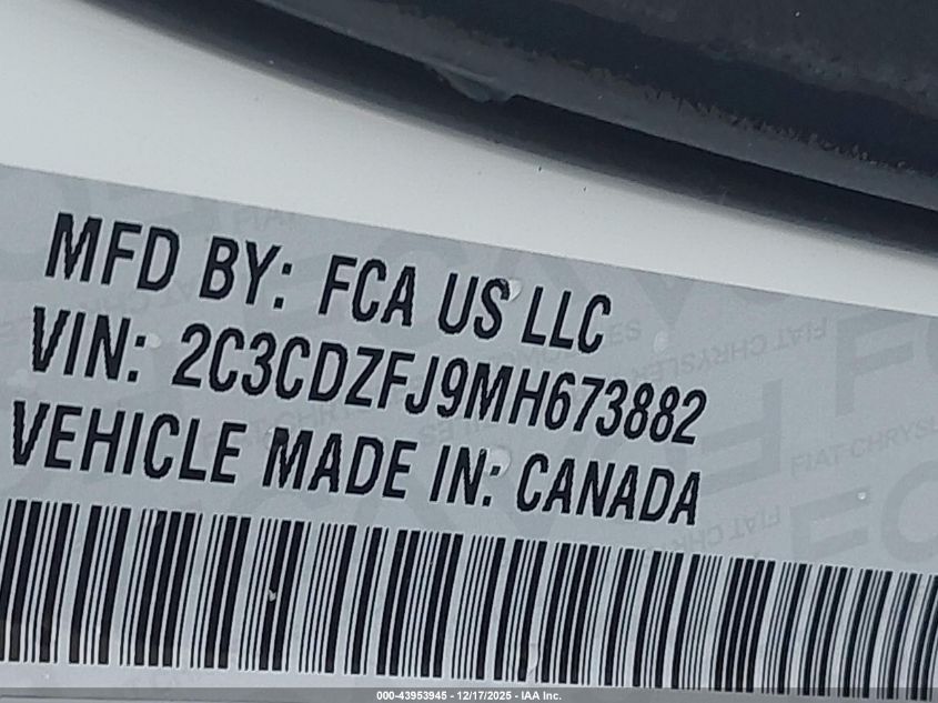 2021 Dodge Challenger R/T Scat Pack VIN: 2C3CDZFJ9MH673882 Lot: 43953945