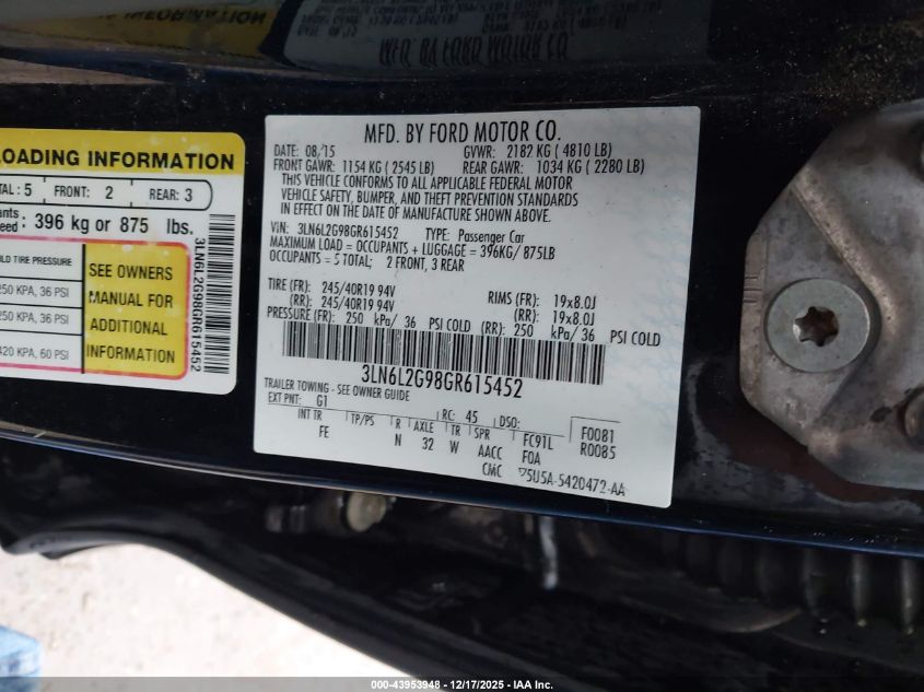 2016 Lincoln Mkz VIN: 3LN6L2G98GR615452 Lot: 43953948