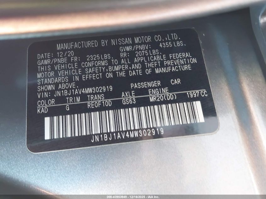 2021 Nissan Rogue Sport S Fwd Xtronic Cvt VIN: JN1BJ1AV4MW302919 Lot: 43953949