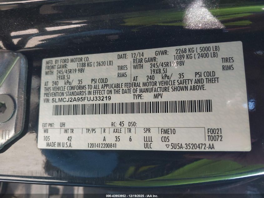 2015 Lincoln Mkc VIN: 5LMCJ2A95FUJ33219 Lot: 43953952