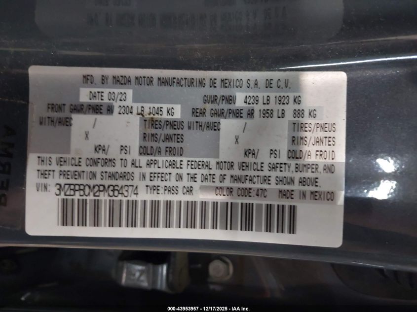 2023 Mazda Mazda3 2.5 S Carbon Edition VIN: 3MZBPBCM2PM364374 Lot: 43953957
