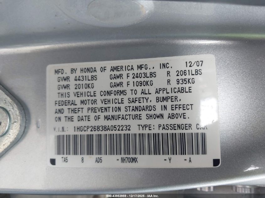 2008 Honda Accord 2.4 Ex-L VIN: 1HGCP26838A052232 Lot: 43953959