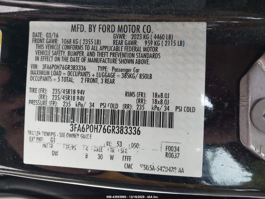 2016 Ford Fusion Se VIN: 3FA6P0H76GR383336 Lot: 43953960