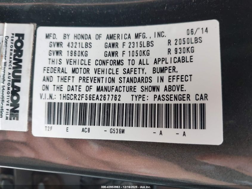 2014 Honda Accord Sport VIN: 1HGCR2F56EA267762 Lot: 43953963