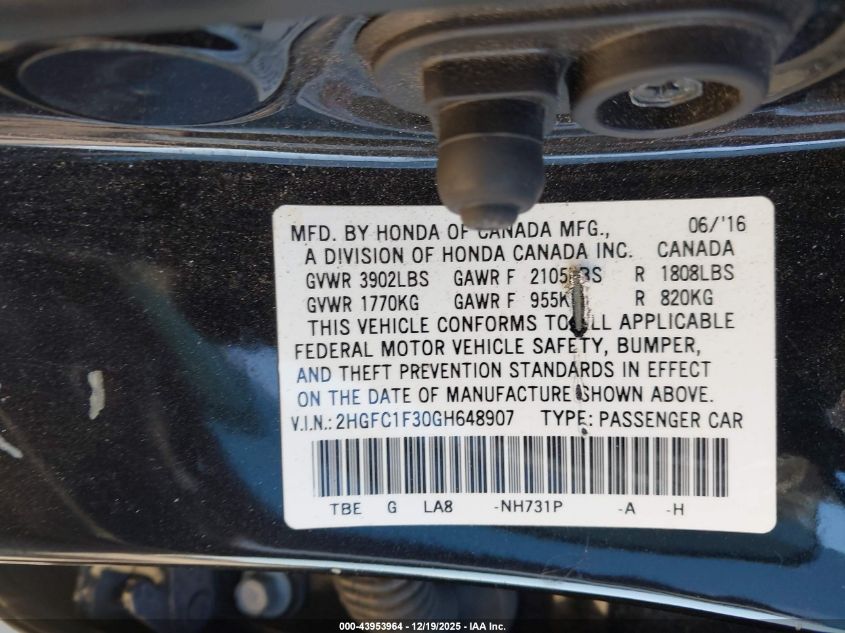 2016 Honda Civic Ex-T VIN: 2HGFC1F30GH648907 Lot: 43953964