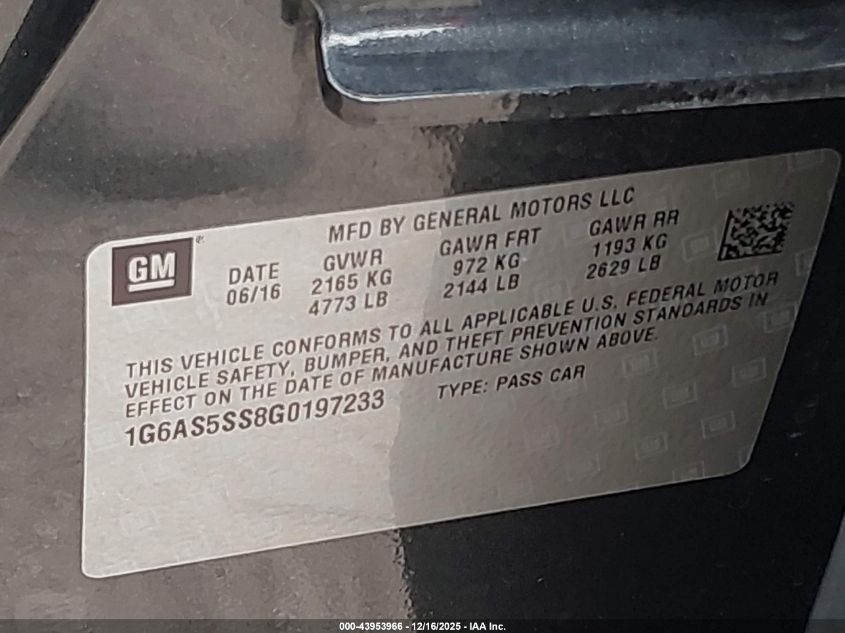 2016 Cadillac Cts Performance Collection VIN: 1G6AS5SS8G0197233 Lot: 43953966