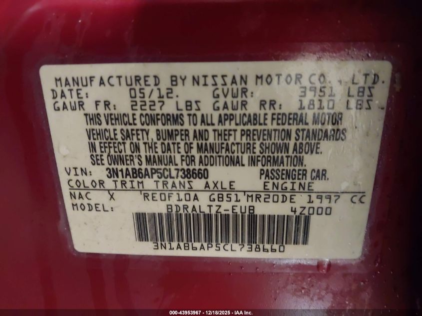 2012 Nissan Sentra 2.0 S VIN: 3N1AB6AP5CL738660 Lot: 43953967