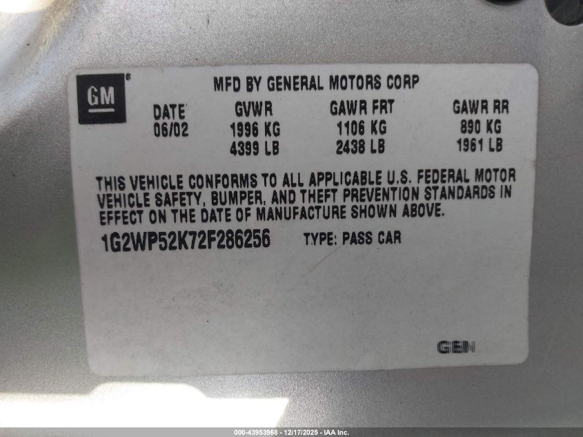 2002 Pontiac Grand Prix Gt VIN: 1G2WP52K72F286256 Lot: 43953968