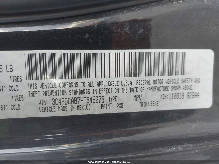 2017 Dodge Journey Se VIN: 3C4PDCAB7HT545275 Lot: 43953969