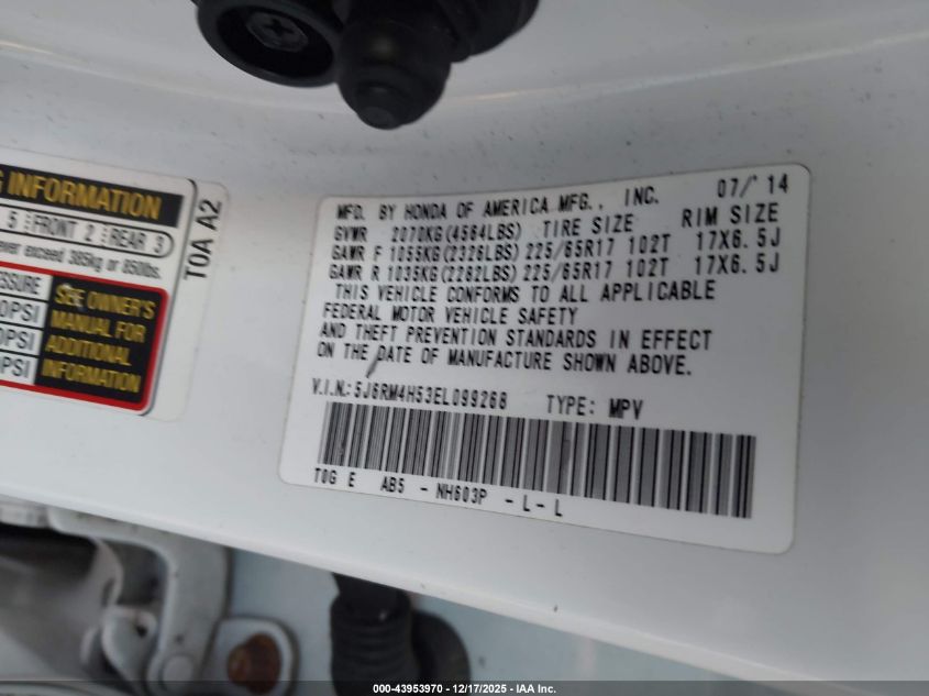 2014 Honda Cr-V Ex VIN: 5J6RM4H53EL099268 Lot: 43953970