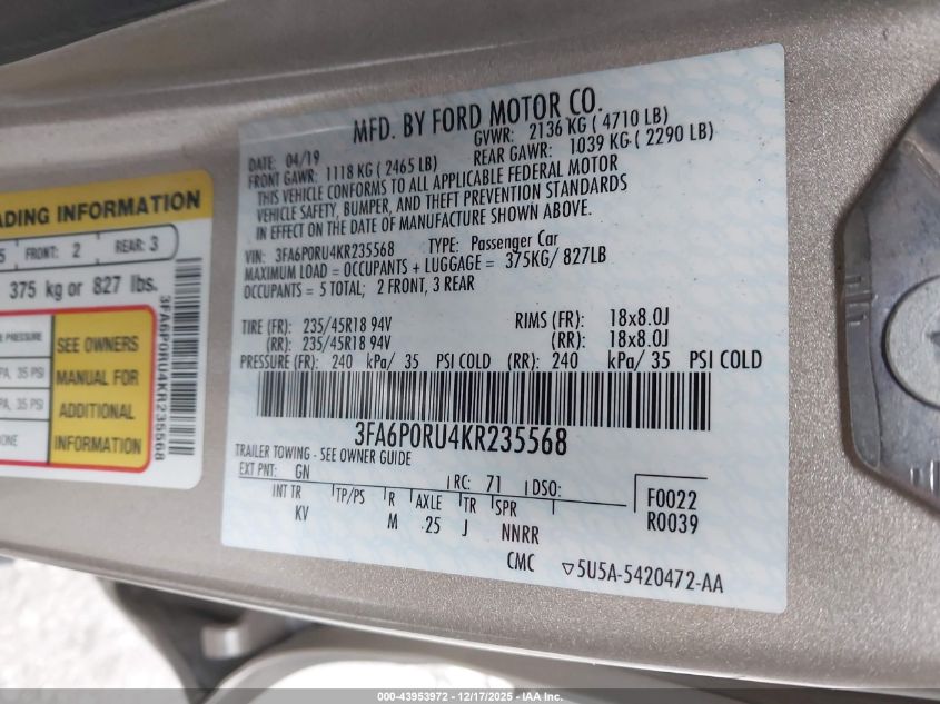 2019 Ford Fusion Hybrid Titanium VIN: 3FA6P0RU4KR235568 Lot: 43953972