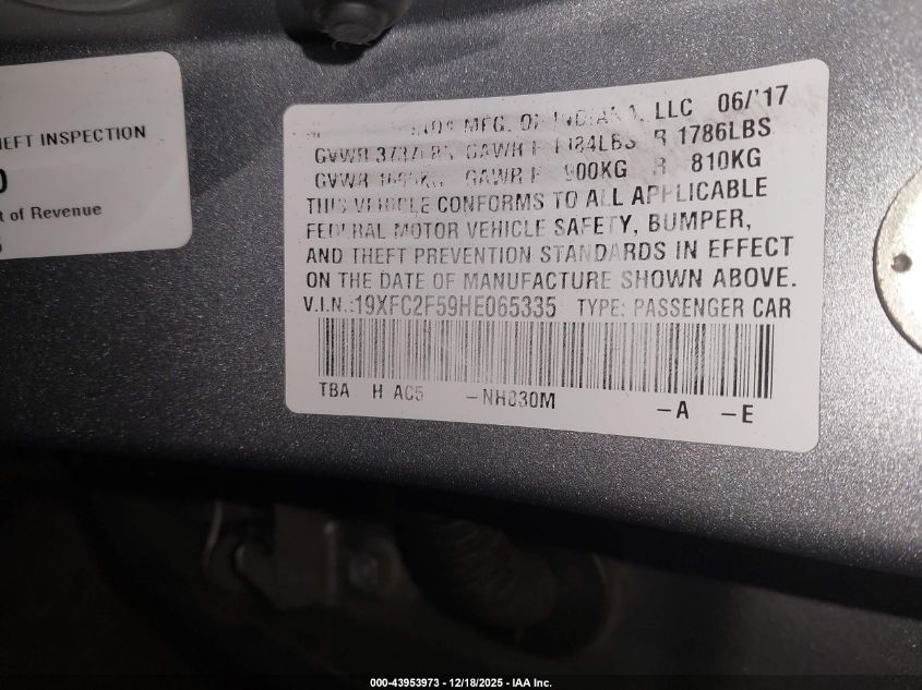 2017 Honda Civic Lx VIN: 19XFC2F59HE065335 Lot: 43953973