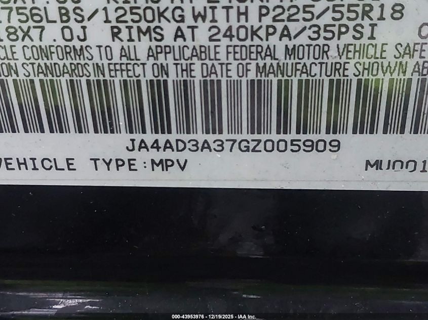 2016 Mitsubishi Outlander Sel VIN: JA4AD3A37GZ005909 Lot: 43953976