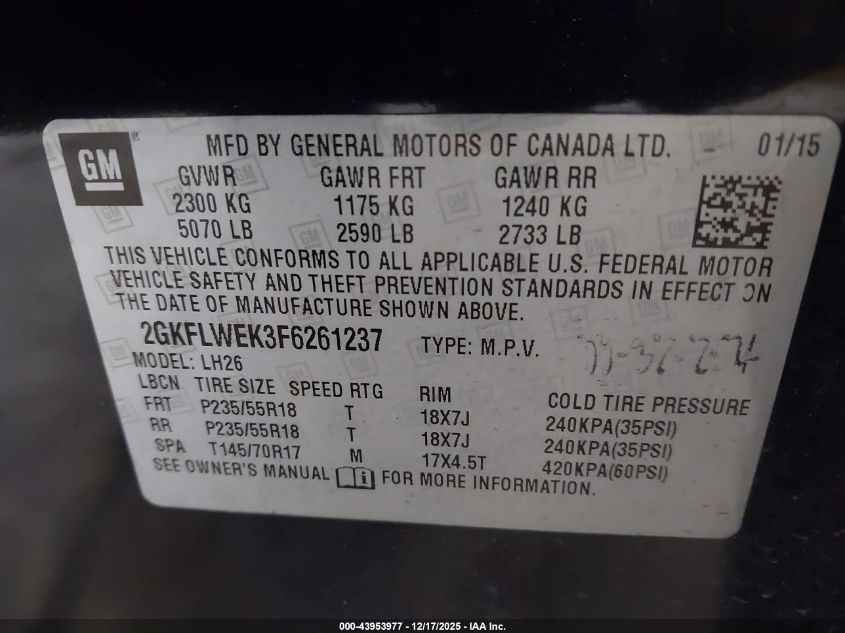 2015 GMC Terrain Sle-2 VIN: 2GKFLWEK3F6261237 Lot: 43953977