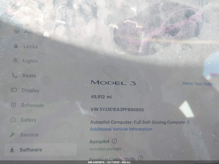 2023 Tesla Model 3 Rear-Wheel Drive VIN: 5YJ3E1EA3PF698850 Lot: 43953978