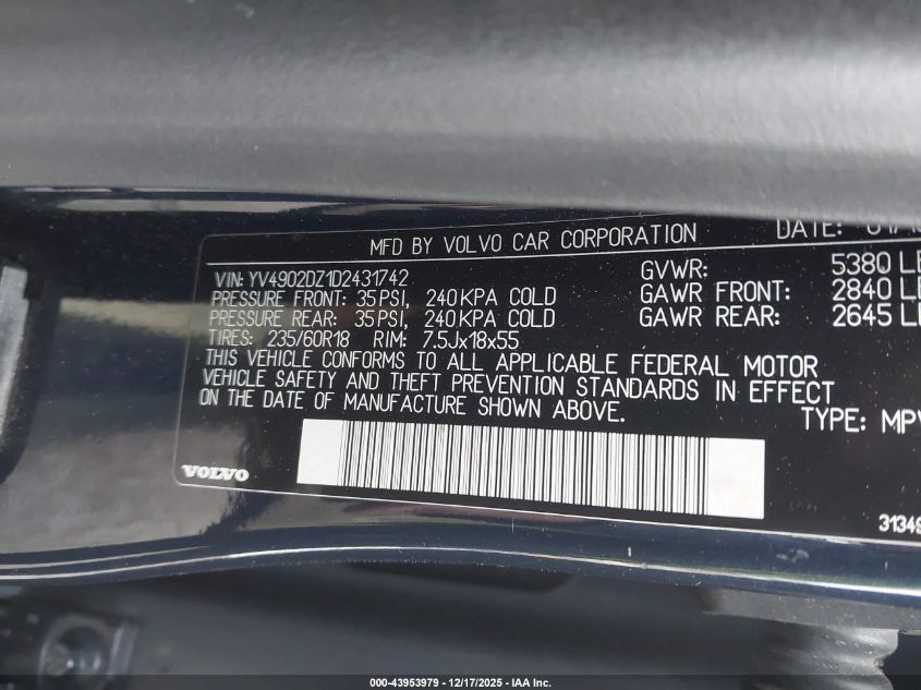 2013 Volvo Xc60 T6 VIN: YV4902DZ1D2431742 Lot: 43953979