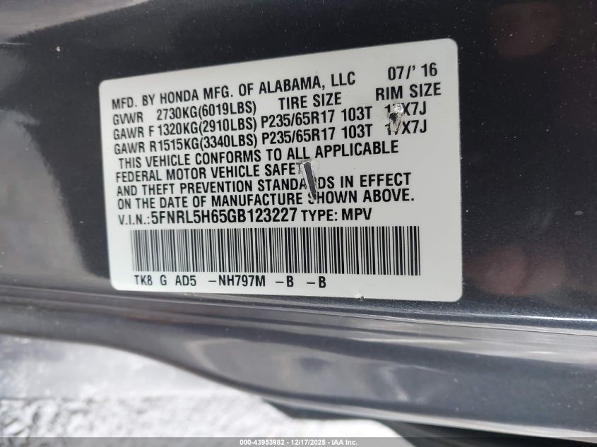 2016 Honda Odyssey Ex-L VIN: 5FNRL5H65GB123227 Lot: 43953982